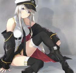 Rule 34 | 1girl, azur lane, black footwear, black thighhighs, blush, boots, breasts, closed mouth, coat, enterprise (azur lane), hair between eyes, hat, knee boots, knee up, long hair, looking at viewer, medium breasts, miniskirt, open clothes, open coat, peaked cap, shadow, sidelocks, silver hair, sitting, skirt, solo, somechime (sometime1209), tareme, thighhighs, thighs