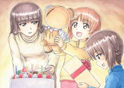 Rule 34 | 10s, 3girls, bandages, black eyes, black hair, boko (girls und panzer), brown eyes, brown hair, cake, candlelight, christmas, christmas cake, commentary, family, food, girls und panzer, happy, long hair, looking at another, looking to the side, mother and daughter, multiple girls, nishizumi maho, nishizumi miho, nishizumi shiho, omachi (slabco), open mouth, painting (medium), plate, short hair, smile, stuffed animal, stuffed toy, sweater, teddy bear, traditional media, watercolor (medium), aged down