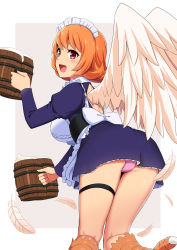 Rule 34 | 1girl, apron, arched back, bird legs, black legwear, blue dress, blush, bow, breasts, dress, feathered wings, feathers, flipped hair, frilled apron, frills, from behind, hands up, harpy, highres, holding, ishuzoku reviewers, juliet sleeves, large breasts, long sleeves, maid headdress, meidri, mizinkoex, monster girl, open mouth, orange hair, panties, pink panties, puffy sleeves, red eyes, short hair, simple background, smile, solo, thigh strap, thighs, underwear, white apron, white bow, wings