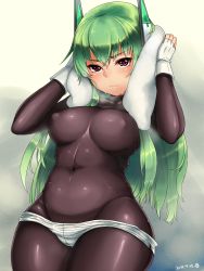 Rule 34 | 1girl, belly, bodysuit, breasts, breath, covered erect nipples, covered navel, fingerless gloves, gloves, green hair, highres, large breasts, long hair, looking at viewer, menou kaname (taishi), original, plump, sakushin, skin tight, solo, sweat, thighs, towel, white gloves