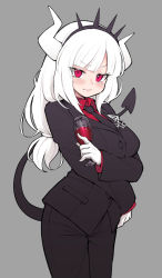 Rule 34 | 1girl, alphy, black necktie, black pants, black suit, blush, breasts, closed mouth, collared shirt, commentary, cowboy shot, crossed arms, cup, demon horns, demon tail, dress shirt, drinking glass, english commentary, eyelashes, formal, gloves, grey background, hairband, helltaker, highres, holding, holding cup, horns, lips, long hair, looking at viewer, low-tied long hair, lucifer (helltaker), medium breasts, mole, mole under eye, necktie, pants, red eyes, red shirt, shirt, simple background, solo, spiked hairband, spikes, suit, symbol-only commentary, tail, white gloves, white hair, wine glass, wing collar
