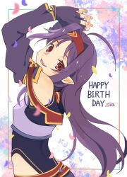 Rule 34 | 1girl, ahoge, armor, arms up, breastplate, detached sleeves, falling petals, fingerless gloves, from side, gloves, hairband, happy birthday, highres, interlocked fingers, leotard, long hair, long sleeves, looking at viewer, open mouth, own hands together, petals, pointy ears, purple gloves, purple hair, purple leotard, red eyes, red hairband, sao x22, single bare shoulder, solo, sword art online, teeth, upper body, yuuki (sao)