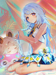 Rule 34 | 2girls, alternate hairstyle, animal ears, azna, bare arms, bare shoulders, blue eyes, blue hair, body markings, braid, braiding hair, breasts, closed eyes, crop top, dark skin, genshin impact, grey hair, hair down, hairdressing, highres, kachina (genshin impact), light smile, lying, midriff, mihoyo, mualani (genshin impact), multiple girls, navel, red eyes, sitting, stomach, symbol-shaped pupils, tan, two-tone eyes, wariza