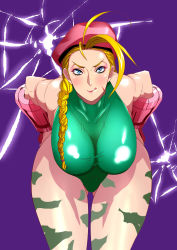 Rule 34 | 1girl, :q, absurdres, bent over, beret, blonde hair, blue eyes, blush, braid, breasts, cammy white, cleavage, curvy, eyeshadow, hairline, hat, highres, large breasts, leotard, licking lips, long hair, looking at viewer, makeup, skin tight, solo, street fighter, taiga00330, tongue, tongue out, wide hips