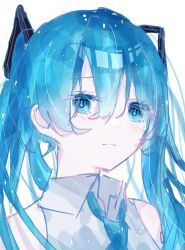 Rule 34 | 1girl, absurdres, aqua eyes, aqua hair, aqua necktie, blue eyes, close-up, closed mouth, collared shirt, commentary request, dot nose, hair between eyes, hair ornament, hatsune miku, highres, izu (izu 16016), light blush, long hair, looking ahead, necktie, portrait, shirt, simple background, sleeveless, solo, tearing up, three quarter view, twintails, unkempt, vocaloid, white background, white shirt