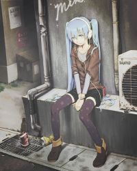 Rule 34 | 1girl, air conditioner, alley, ankle boots, aqua eyes, aqua hair, boots, brand name imitation, can, cardigan, casual, hatikou, hatsune miku, headphones, legs, long hair, outdoors, patterned legwear, print thighhighs, purple thighhighs, shoes, shorts, sitting, smile, solo, star (symbol), star print, sweater, thighhighs, twintails, very long hair, vocaloid, watch, wristwatch
