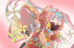 Rule 34 | 1girl, agonasubi, aqua hair, black socks, blue eyes, blurry, blurry foreground, blush, cherry blossom print, closed mouth, commentary, confetti, depth of field, floral print, grey skirt, hair ornament, hair ribbon, hand on own face, hatsune miku, highres, japanese clothes, kimono, kneehighs, leg up, long hair, looking to the side, md5 mismatch, nail polish, pink nails, pinwheel, pleated skirt, red kimono, resolution mismatch, ribbon, shadow, skirt, sleeves past wrists, socks, solo, source smaller, twintails, very long hair, vocaloid, worried