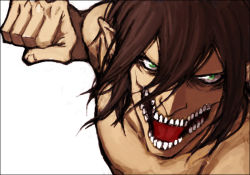 Rule 34 | 1boy, angry, brown hair, clenched hand, giant, giant monster, green eyes, hair between eyes, kaijuu, looking at viewer, male focus, monster, open mouth, pointy ears, rogue titan, shingeki no kyojin, simple background, solo, teeth, titan (shingeki no kyojin), upper body, white background