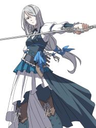 Rule 34 | 1girl, braid, decoponmagi, final fantasy, final fantasy xvi, hair over one eye, highres, holding, holding sword, holding weapon, jill warrick, leather vest, long hair, looking to the side, low-tied long hair, neck ribbon, parted lips, rapier, ribbon, simple background, single braid, solo, sword, weapon