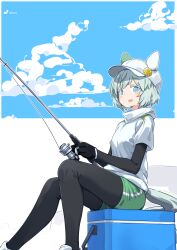 Rule 34 | 1girl, alternate costume, animal ears, black arm warmers, black gloves, black pantyhose, blue eyes, ear covers, feet out of frame, fishing rod, flower, from side, gloves, green shorts, grey hair, hair flower, hair ornament, highres, holding, holding fishing rod, horse ears, horse girl, horse tail, looking at viewer, open mouth, pantyhose, seiun sky (umamusume), short hair, shorts, sideways glance, single ear cover, sitting, solo, sunflower, sunflower hair ornament, sweater, tail, totomono, umamusume, white sweater