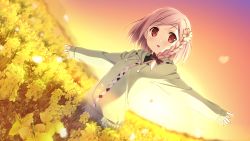 Rule 34 | 1girl, :o, blush, bow, braid, brown hair, dutch angle, field, flower, game cg, hair bow, hair flower, hair ornament, highres, hood, hoodie, kantoku, looking away, open mouth, outstretched arms, petals, red eyes, short hair, side braid, solo, spread arms, sunset, sweater, your diary, yua (your diary)
