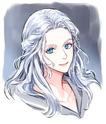 Rule 34 | 1girl, blue eyes, border, braid, collarbone, commentary, final fantasy, final fantasy xiv, grey background, half up braid, long hair, looking at viewer, portrait, signature, simple background, single braid, smile, solo, symbol-only commentary, twitter username, venat (ff14), white border, white hair, wild5lee