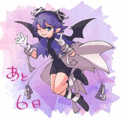Rule 34 | 1girl, bandaged ankle, bandaged wrist, bandages, bat wings, black bodysuit, black footwear, blue capelet, blue eyes, blue hair, bodysuit, boots, capelet, countdown, gloves, hand gesture, hashino ami, looking at viewer, one eye closed, pointy ears, purple background, riviera, serene (riviera), short hair, smile, solo, white gloves, wings