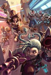 Rule 34 | armor, bandolier, bar (place), bar stool, bikini, bikini top only, black nails, blonde hair, blue hair, boots, braid, breasts, caitlyn (league of legends), cleavage, diner, dress, ezreal, facial hair, gears, goggles, goggles on head, gun, hat, jinx (league of legends), league of legends, multiple boys, multiple girls, mustache, nail polish, neon lights, neon sign, net, on roof, orianna (league of legends), pink hair, power armor, quilted, running, stool, swimsuit, tattoo, thigh strap, top hat, twintails, vi (league of legends), weapon, yordle