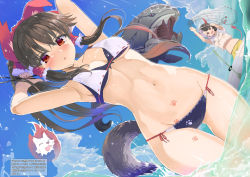 Rule 34 | 2girls, armpits, arms up, bare arms, bare shoulders, bikini, blue sky, blush, bow, breasts, brown hair, cloud, commentary request, day, dutch angle, fish, gluteal fold, grey hair, groin, hair bow, hair tubes, hakurei reimu, horns, layered bikini, long hair, looking at viewer, medium breasts, multicolored hair, multiple girls, navel, net, outdoors, paw print, ponytail, puuakachan, red bow, red eyes, side-tie bikini bottom, sidelocks, sky, split-color hair, standing, stomach, summer, swimsuit, tail, thigh gap, touhou, translation request, two-tone hair, ushizaki urumi, wading, wolf spirit (touhou), wolf tail