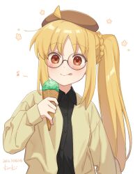 Rule 34 | 1girl, beret, black-framed eyewear, black shirt, blonde hair, blush, bocchi the rock!, brown hat, closed mouth, collared shirt, dated, eighth note, food, glasses, hat, holding, holding food, ice cream, ijichi nijika, jacket, long hair, long sleeves, musical note, one side up, open clothes, open jacket, red eyes, round eyewear, shirt, signature, simple background, sk tsu96, smile, solo, tongue, tongue out, upper body, white background, yellow jacket