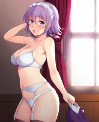 Rule 34 | 1girl, :o, arm up, blush, bra, braid, breasts, brown thighhighs, cleavage, collarbone, commentary request, cowboy shot, curtains, frills, garter belt, hair ribbon, holding, holding clothes, holding shirt, honda naoki, indoors, large breasts, looking at viewer, maid headdress, navel, open mouth, original, panties, purple eyes, purple hair, purple shirt, red ribbon, ribbon, shirt, unworn shirt, short hair, solo, sweat, thighhighs, twin braids, underwear, underwear only, white bra, white panties, window