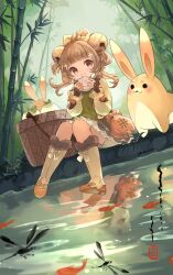 Rule 34 | 1girl, :3, absurdres, bag, bamboo, bamboo forest, baozi, basket, bell, bloomers, blunt bangs, blush, boots, bow, bow-shaped hair, braid, brown dress, brown eyes, brown hair, bug, chinese commentary, commentary request, dragonfly, dress, eyelashes, fish, food, forest, full body, fur-trimmed boots, fur trim, genshin impact, grass, green jacket, grin, hair bell, hair ornament, hands up, highres, holding, holding food, insect, issign, jacket, jingle bell, long sleeves, looking at viewer, medium hair, nature, orange bow, pouch, sidelocks, sitting, sleeveless, sleeveless jacket, smile, solo, teeth, underwear, water, white bloomers, white footwear, yaoyao (genshin impact), yuegui (genshin impact)