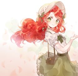 Rule 34 | 1girl, bag, belt, bonnet, bow, bowtie, cupping hands, from side, green bow, green bowtie, green eyes, green skirt, jikgu, long hair, looking at viewer, original, own hands together, petals, red hair, shirt, short sleeves, shoulder bag, skirt, smile, solo, wavy hair, white shirt