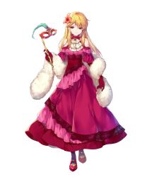 Rule 34 | 1girl, bare shoulders, black legwear, blonde hair, brown hair, dress, feather boa, fire emblem, fire emblem: genealogy of the holy war, fire emblem heroes, flower, frilled dress, frills, full body, gloves, hair flower, hair ornament, highres, lachesis (fire emblem), long dress, long hair, miwabe sakura, nintendo, official art, red dress, red footwear, solo, standing, transparent background