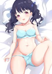 Rule 34 | 1girl, black hair, blue bra, blue panties, bra, commentary request, fangs, fukumaru koito, hair ribbon, highres, idolmaster, idolmaster shiny colors, looking at viewer, lying, navel, on back, on bed, panties, pillow, polka dot, polka dot bra, polka dot panties, purple eyes, ribbon, skin fangs, solo, thighs, tukikataumemo, twintails, underwear