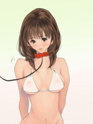 Rule 34 | 1girl, arms behind back, bare shoulders, bikini, blush, breasts, brown eyes, brown hair, collar, highres, hip focus, i&quot;s, koro chan fan club, looking at viewer, navel, nipples, see-through, short hair, simple background, slave, solo, standing, swimsuit, yoshizuki iori