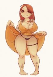 Rule 34 | 1girl, ahoge, bare shoulders, barefoot, black panties, breasts, brown eyes, brown hair, cleavage, curvy, dress, earrings, eyes visible through hair, female focus, full body, grin, highres, jewelry, large breasts, looking at viewer, navel, no nose, orange dress, panties, plump, simple background, smile, solo, standing, star (symbol), star print, tattoo, thick thighs, thighs, underwear, white background, wide hips, zurasuta