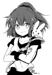 Rule 34 | 1girl, arle nadja, carbuncle (puyopuyo), closed mouth, creature, creature on shoulder, crossed arms, dated, fingernails, greyscale, hana (mew), long hair, looking at viewer, madou monogatari, monochrome, on shoulder, ponytail, puyopuyo, short sleeves, signature, simple background, solo, upper body, white background, wristband