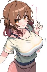 Rule 34 | 1girl, breasts, brown eyes, brown hair, commentary request, gakuen idolmaster, hanami ume, highres, idolmaster, kibihimi, large breasts, looking at viewer, medium hair, open mouth, shirt, solo, striped clothes, striped shirt, teeth, translation request, upper teeth only