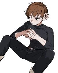 Rule 34 | 1boy, ashuiashui119, black eyes, black shirt, brown hair, chilchuck tims, chinese commentary, contemporary, denim, dungeon meshi, elbows on knees, feet out of frame, fingernails, halfling, highres, interlocked fingers, jeans, knees up, legs apart, male focus, own hands clasped, own hands together, pants, shirt, short hair, simple background, sitting, solo, white background
