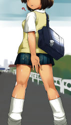 Rule 34 | 1girl, ?, bag, brown hair, covering privates, covering ass, cum, cum on clothes, from behind, genmai-doublevision, head out of frame, highres, kneepits, legs, looking back, loose socks, miniskirt, original, pleated skirt, poop, school uniform, short hair, skirt, socks, solo, sweat, sweater vest