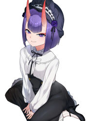 1girl absurdres black_hat black_skirt breasts cropped_shirt eyeliner fate/grand_order fate_(series) hat high-waist_skirt high_heels highres horns long_skirt long_sleeves looking_at_viewer makeup oni purple_eyes purple_hair shirt short_hair shuten_douji_(fate) simple_background skin-covered_horns skirt small_breasts smile solo terasako white_background white_shirt