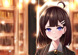 Rule 34 | 1girl, ahoge, blue eyes, blurry, blurry background, bright pupils, brooch, brown hair, brown jacket, collared shirt, commentary request, eyebrows hidden by hair, green ribbon, hair ornament, hairclip, hod (project moon), jacket, jewelry, library of ruina, looking at viewer, natu sksp, neck ribbon, partial commentary, portrait, project moon, ribbon, shirt, short hair, smile, solo, white pupils, white shirt