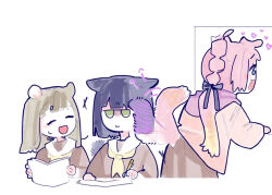 3girls :d ^_^ ahoge animal_ears anyoji_hime black_hair black_ribbon blonde_hair blue_eyes blunt_bangs blunt_ends book braid brown_dress brown_hair center-flap_bangs closed_eyes closed_mouth commentary dog_ears dog_girl dog_tail dress fox_ears gradient_hair green_eyes hair_ribbon hamster_ears hasu_no_sora_school_uniform heart holding holding_book holding_pencil hood hooded_jacket inconvenient_tail jacket jitome kachimachi_kosuzu kemonomimi_mode leaning_forward link!_like!_love_live! long_hair long_sleeves looking_outside love_live! mechanical_pencil momose_ginko multi-tied_hair multicolored_hair multiple_girls neckerchief open_book open_clothes open_jacket open_mouth pencil pink_hair pink_jacket platunoy_787 ponytail ribbon sailor_collar sailor_dress school_uniform shaded_face short_hair side_ahoge side_braids sidelocks sitting smile straight_hair sweatdrop swept_bangs symbol-only_commentary tail tail_slapping tail_wagging unamused very_long_hair virtual_youtuber white_sailor_collar winter_uniform yellow_neckerchief