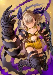 Rule 34 | 1girl, aonaga heri, armor, bare shoulders, belt, blonde hair, briar rose (sinoalice), clothing cutout, closed eyes, floating, navel, navel cutout, parted lips, short hair, sinoalice, solo, spikes, spiral, thorns