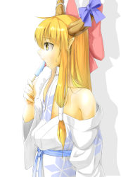 Rule 34 | 1girl, bad id, bad pixiv id, bare shoulders, blonde hair, bow, female focus, flat chest, food, hair bow, horns, ibuki suika, japanese clothes, long hair, nishiuri, off shoulder, pointy ears, popsicle, solo, tongue, touhou, white background