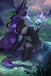 Rule 34 | 1girl, bare shoulders, black dress, black thighhighs, breasts, cleavage, collarbone, commentary request, dress, grass, hair intakes, headgear, highres, kneeling, l+ (colour0816), large breasts, league of legends, long hair, magic, outdoors, plant, purple hair, purple lips, see-through, solo, syndra, thighhighs, veil over eyes, very long hair, wavy hair, withered rose syndra