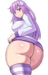 Rule 34 | 1girl, absurdres, ass, blush, bottomless, breasts, d-pad, d-pad hair ornament, from behind, hair ornament, highres, huge ass, large breasts, long hair, long sleeves, looking at viewer, looking back, nepgear, neptune (series), purple eyes, purple hair, smile, solo, striped clothes, striped thighhighs, thick thighs, thighhighs, thighs, white background, ytrall