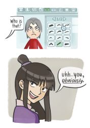 Rule 34 | 1boy, 1girl, absurdres, ace attorney, ascot, blunt bangs, brown hair, commentary, curtained hair, english commentary, english text, fizzi ly, game console, grey hair, highres, jacket, japanese clothes, jewelry, kimono, long hair, long sleeves, magatama, magatama necklace, maya fey, mii (nintendo), miles edgeworth, necklace, nintendo, open mouth, pink kimono, purple jacket, red jacket, short hair, smile, speech bubble, teeth, upper body, upper teeth only, user interface, white ascot, wii