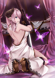 Rule 34 | 10s, 1girl, :d, armpits, back, backless dress, backless outfit, bed, black gloves, blue eyes, boots, breasts, bug, butterfly, canopy bed, draph, dress, from behind, full body, gloves, granblue fantasy, hair over one eye, high heel boots, high heels, highres, holding, holding sword, holding weapon, horns, huge weapon, bug, katana, kneeling, light purple hair, long hair, looking at viewer, looking back, narmaya (granblue fantasy), open mouth, pak ce, pointy ears, sideboob, smile, solo, sword, weapon, white dress