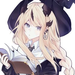 Rule 34 | 1girl, arknights, black jacket, black necktie, blonde hair, book, braid, closed mouth, collared shirt, dress shirt, earclip, earrings, floating hair, grey eyes, highres, holding, holding book, horns, jacket, jewelry, lineage863, long hair, necktie, off shoulder, reed (arknights), reed the flame shadow (arknights), reed the flame shadow (curator) (arknights), shirt, simple background, solo, upper body, white background, white shirt