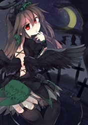 Rule 34 | 1girl, alternate costume, bat (animal), bird wings, blouse, crescent moon, cross, demon horns, demon tail, finger to mouth, from behind, garter straps, hairband, halo, highres, horns, long hair, looking at viewer, mikomo0106, moon, pout, red eyes, reiuji utsuho, shirt, skirt, solo, tail, thighhighs, touhou, very long hair, wings, wrist cuffs