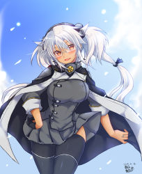 Rule 34 | 1girl, black gloves, blue sky, blush, breasts, cloud, cloudy sky, commentary request, dark-skinned female, dark skin, dated, day, gloves, gold trim, gorget, hair between eyes, half gloves, highres, kantai collection, kikumon, large breasts, long hair, long sleeves, looking at viewer, mashiro yukiya, musashi (kancolle), musashi kai ni (kancolle), open mouth, outdoors, signature, single half glove, sky, solo, thighhighs, thighs, white hair, wide hips