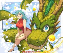 Rule 34 | 1girl, blue eyes, breasts, bulma, china dress, chinese clothes, cloud, cloudy sky, commentary, dragon, dragon ball, dragon ball (object), dress, english commentary, jk arts, large breasts, medium hair, red dress, shenron (dragon ball), signature, sitting on animal, sky, smile, twitter username