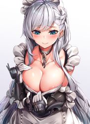 Rule 34 | 1girl, areola slip, azur lane, belfast (azur lane), blue background, blue eyes, blush, braid, breasts, cleavage, closed mouth, collar, collarbone, french braid, gloves, gradient background, highres, kaerunoko, large breasts, long hair, looking down, maid, maid headdress, silver hair, smile, solo, white background, white gloves