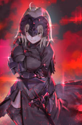 Rule 34 | 1girl, blush, breasts, crossed arms, fate/grand order, fate (series), feet out of frame, gloves, helmet, highres, jeanne d&#039;arc alter (fate), large breasts, looking at viewer, magic, rolua, silver hair, smile, solo, sword, weapon, yellow eyes