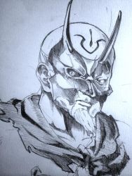 Rule 34 | 1boy, artist request, bald, facial hair, facial mark, fake horns, fire emblem, fire emblem fates, forehead mark, goatee, horned headwear, horns, kumagera, looking at viewer, male focus, mask, nintendo, parted lips, scar, serious, topless male, solo, teeth, torn clothes, traditional media