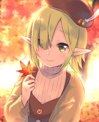Rule 34 | 1girl, aoi (princess connect!), autumn leaves, beret, black hat, closed mouth, commentary request, elf, feathers, green eyes, green hair, green jacket, gucchiann, hair over one eye, hand up, hat, hat feather, highres, holding legs, jacket, open clothes, open jacket, pointy ears, princess connect!, ribbed sweater, smile, solo, sweater, tree, turtleneck, turtleneck sweater, upper body, white feathers, white sweater