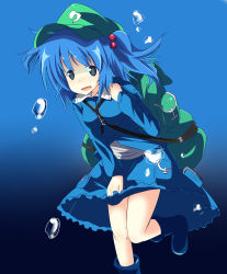 Rule 34 | 1girl, absurdres, backpack, bag, blue background, blue eyes, blue hair, blush, boots, bubble, female focus, fps, hair bobbles, hair ornament, hat, highres, kawashiro nitori, key, matching hair/eyes, open mouth, short hair, skirt, smile, solo, touhou, twintails, two side up