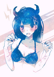 Rule 34 | 1girl, bad id, bad pixiv id, bare shoulders, blue eyes, blue hair, blue nails, blue theme, blush, bow, bow bra, bra, breasts, commentary request, cuts, demon girl, fang, gradient background, hair ornament, hairclip, horns, injury, lightning bolt symbol, long hair, matching hair/eyes, monochrome, muted color, nail polish, original, polka dot, self-harm, self harm, sky, solo, star (sky), starry sky, striped, striped background, underwear, upper body, yumepon